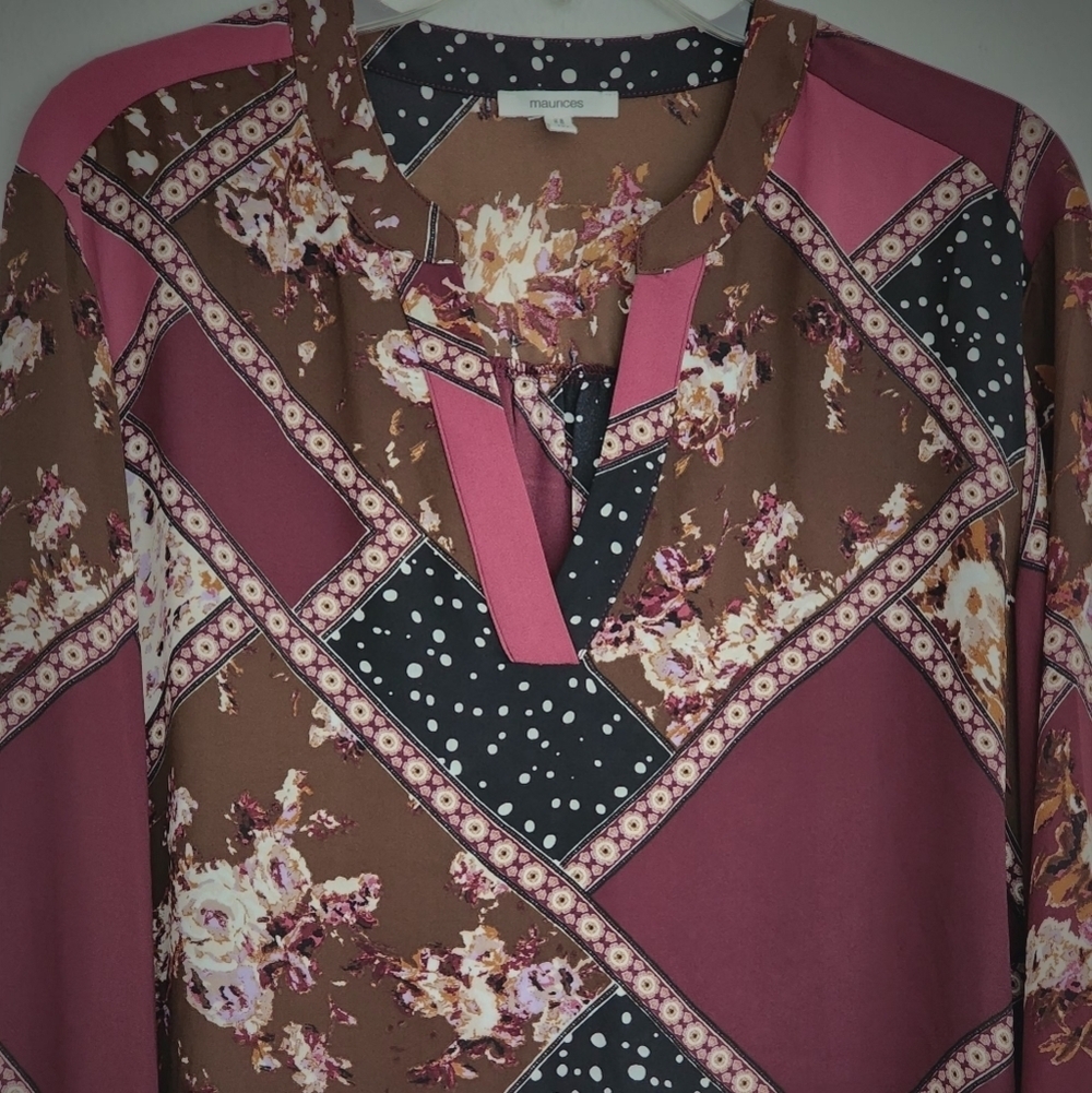 Maurices Patchwork Tunic Blouse Pullover Semi-Sheer Long Sleeve Button Cuff- M - Picture 4 of 13